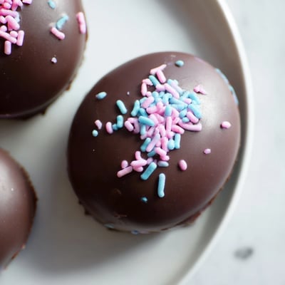 A close-up of Easter Egg Oreo Balls dipped in white chocolate, drizzled with pink candy melts for spring.  