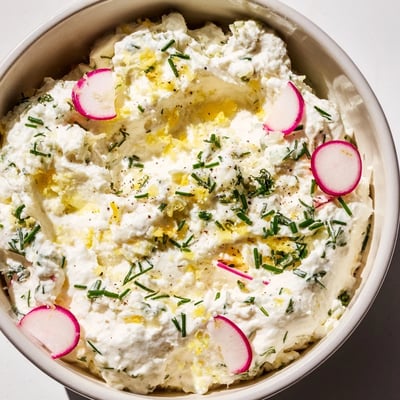 Simple Easter Herb Cheese Dip in a rustic ceramic bowl garnished with radish slices and chives, next to a pile of crunchy crackers.