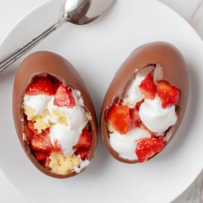 Delicate shortcake crumbles and macerated strawberries fill these festive Strawberry Shortcake Easter Egg Bombs, perfect for a spring celebration dessert platter.