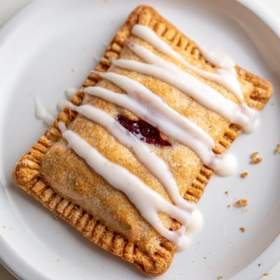 A close-up of Protein Pop Tarts with white icing drizzle, served on a ceramic plate for breakfast.