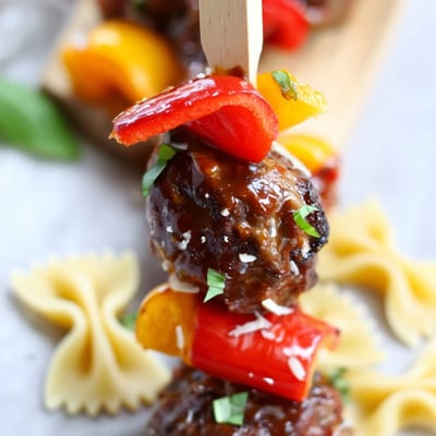 Bowtie Pasta Cocktail Meatball Skewers
