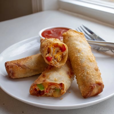 Close-up of crunchy Voodoo Egg Rolls oozing melted cheddar and smoky andouille filling