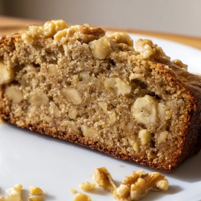 Warm slice of Nana's Secret Banana Nut Bread drizzled with butter on a plate