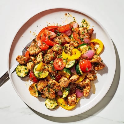 Sizzling skillet of quick flavorful one pan dish topped with fresh parsley