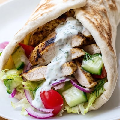 Juicy Mediterranean seasoned chicken tucked inside soft pita bread with fresh cucumber and tomato
