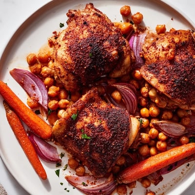 Tangy sumac chicken served over caramelized carrots and crispy chickpeas with fresh parsley