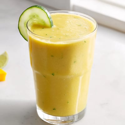 Creamy mango cucumber smoothie poured into a mason jar with cucumber slices on a wooden cutting board