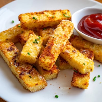 Crispy baked cottage cheese fries stacked beside a bowl of garlic aioli